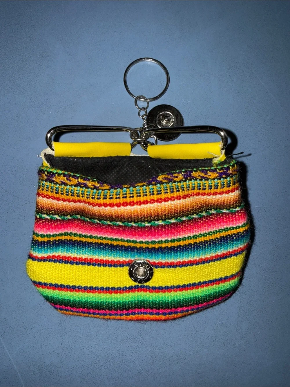 Yellow Multicolor Stripe Coin Purse with Metal Keyring